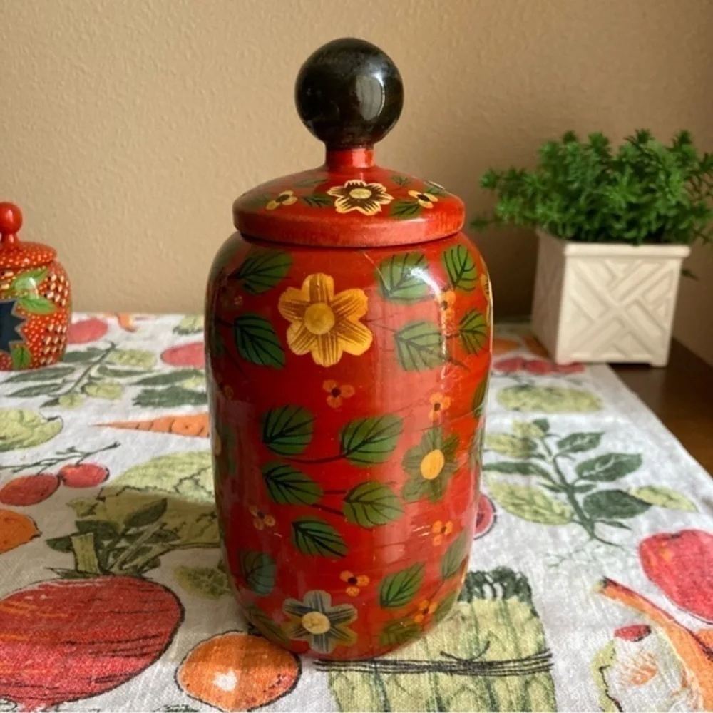 Retro Pier 1 Exports red painted decorative wooden jars with lids